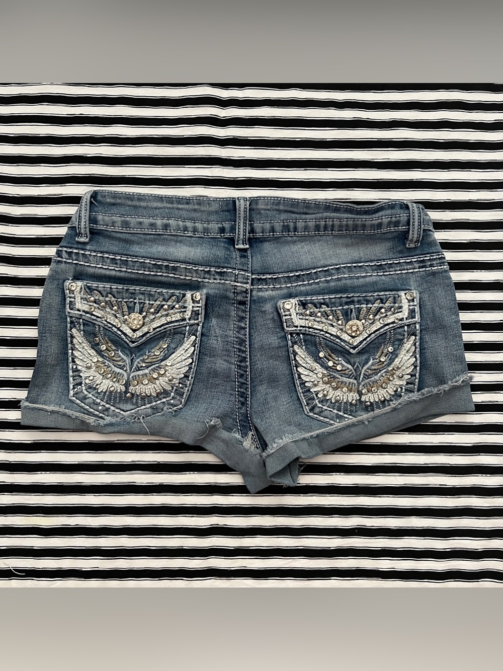Y2K low rise angel wing embellished shorts